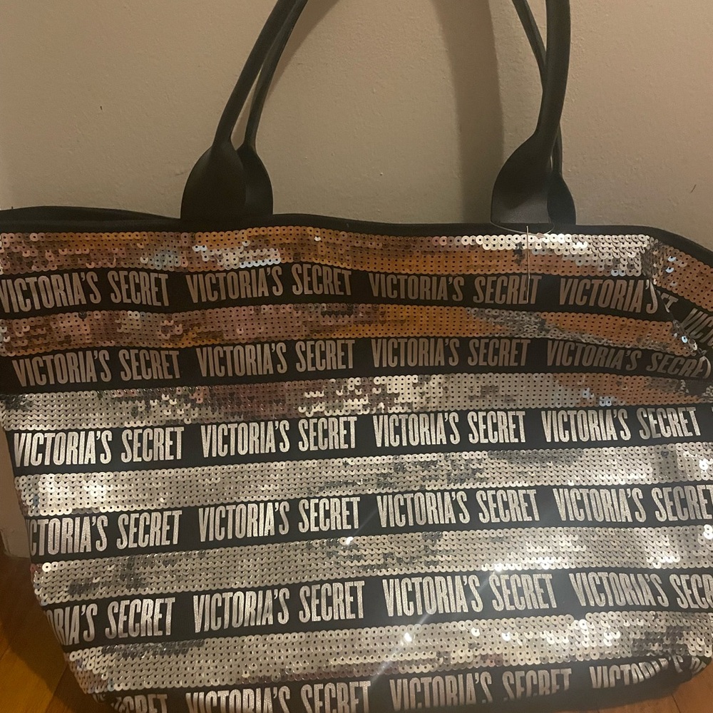 Victoria's Secret Black and Silver Sequin Tote and wristlet